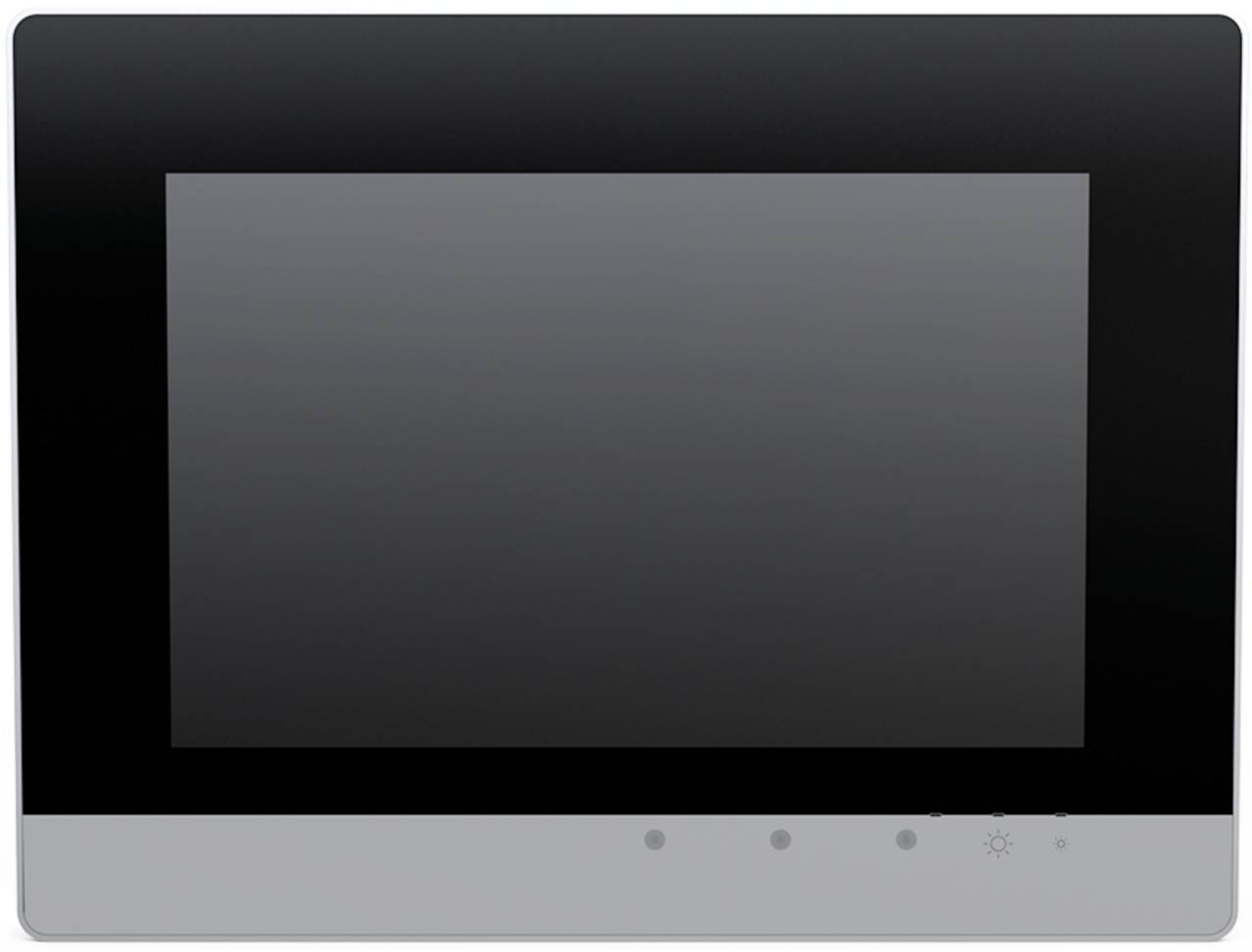 Ein modernes schwarz-silbernes Touchscreen-Gerät mit leerer Anzeige und drei berührungsempfindlichen Tasten unterhalb des Bildschirms.