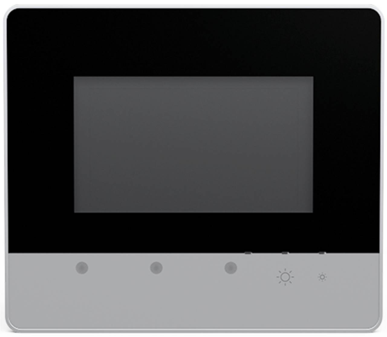 „Schwarzes und weißes Touchscreen-Thermostat mit Symbolen für Einstellungen, Helligkeit und Stromschalter im unteren Bedienfeld.