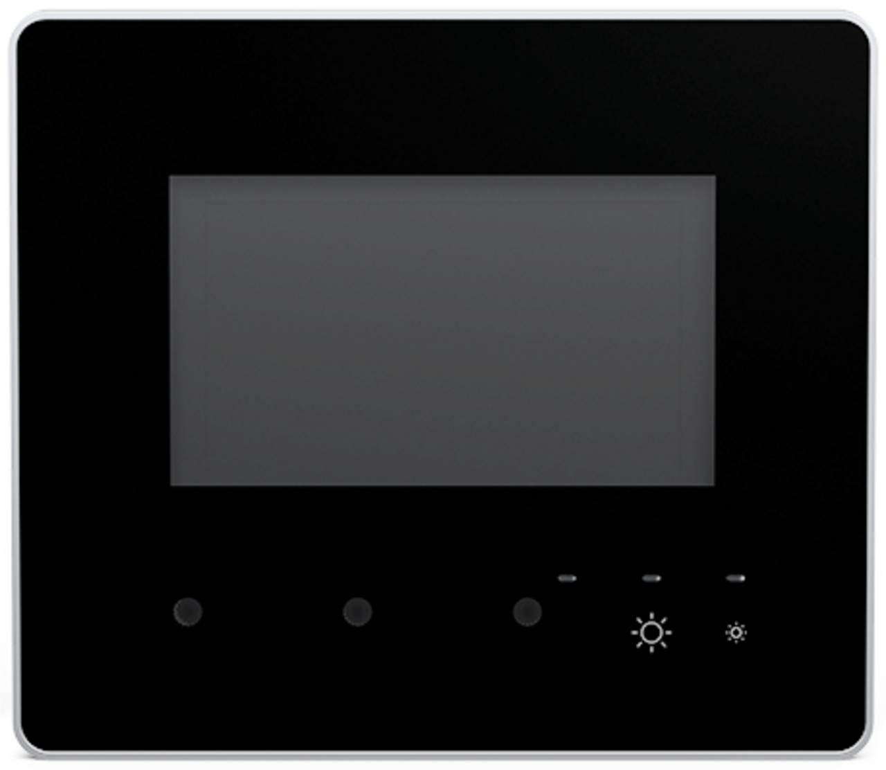 Ein schwarzes Bedienfeld mit einem rechteckigen Bildschirm und vier runden Tasten darunter, einschließlich Helligkeit und Stromschalter-Symbolen zur Bildschirmeinstellung.