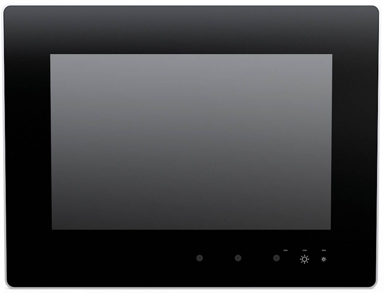 Ein schwarzes rechteckiges elektronisches Gerät mit einem großen Bildschirm, möglicherweise ein digitales Tablet oder Bedienfeld, mit vier kleinen Tasten darunter.