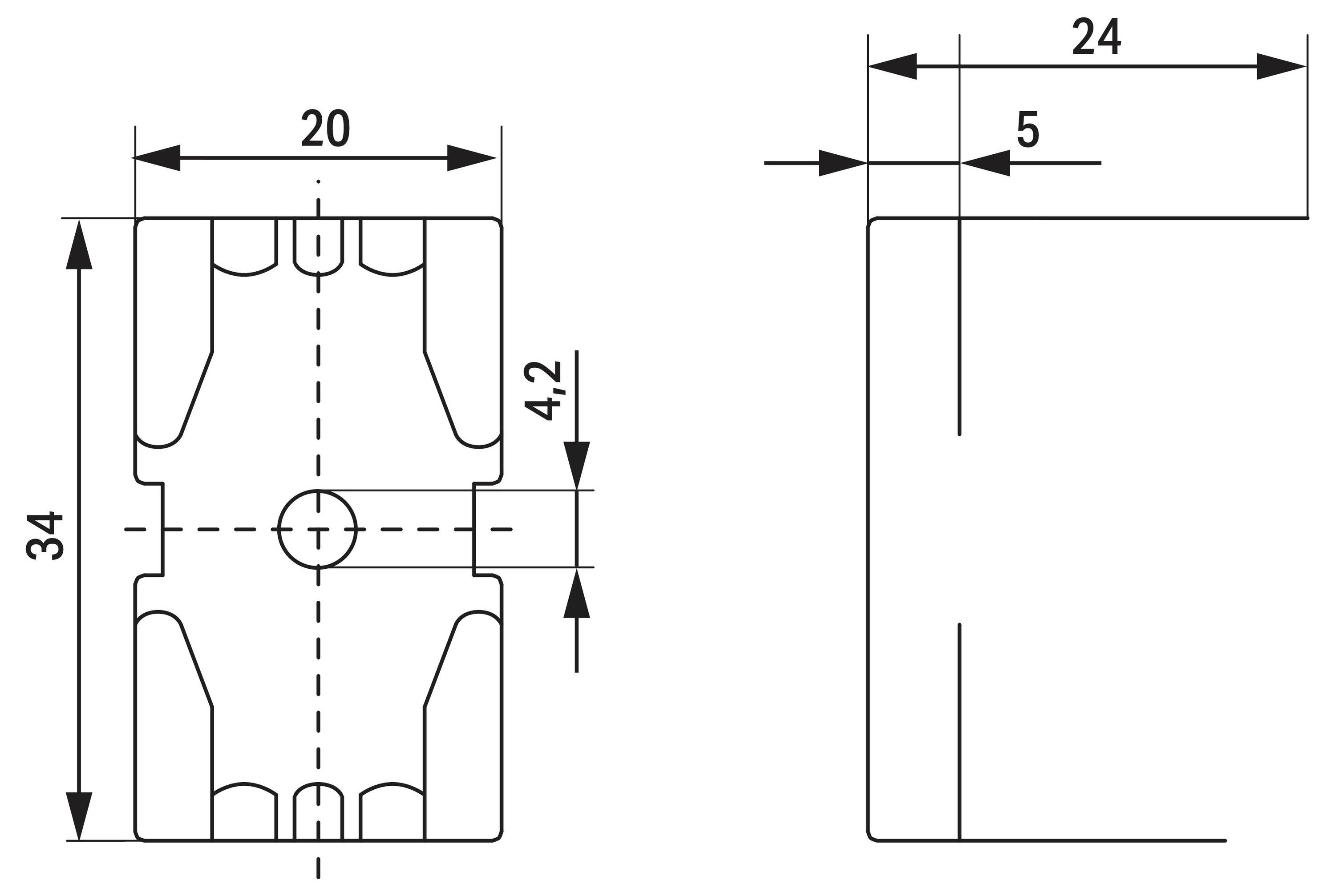 Technische Zeichnung mit Front- und Seitenansicht eines Bauteils mit den Abmessungen: 34mm Höhe, 24mm Breite, 20mm Tiefe und 5mm Vertiefung.