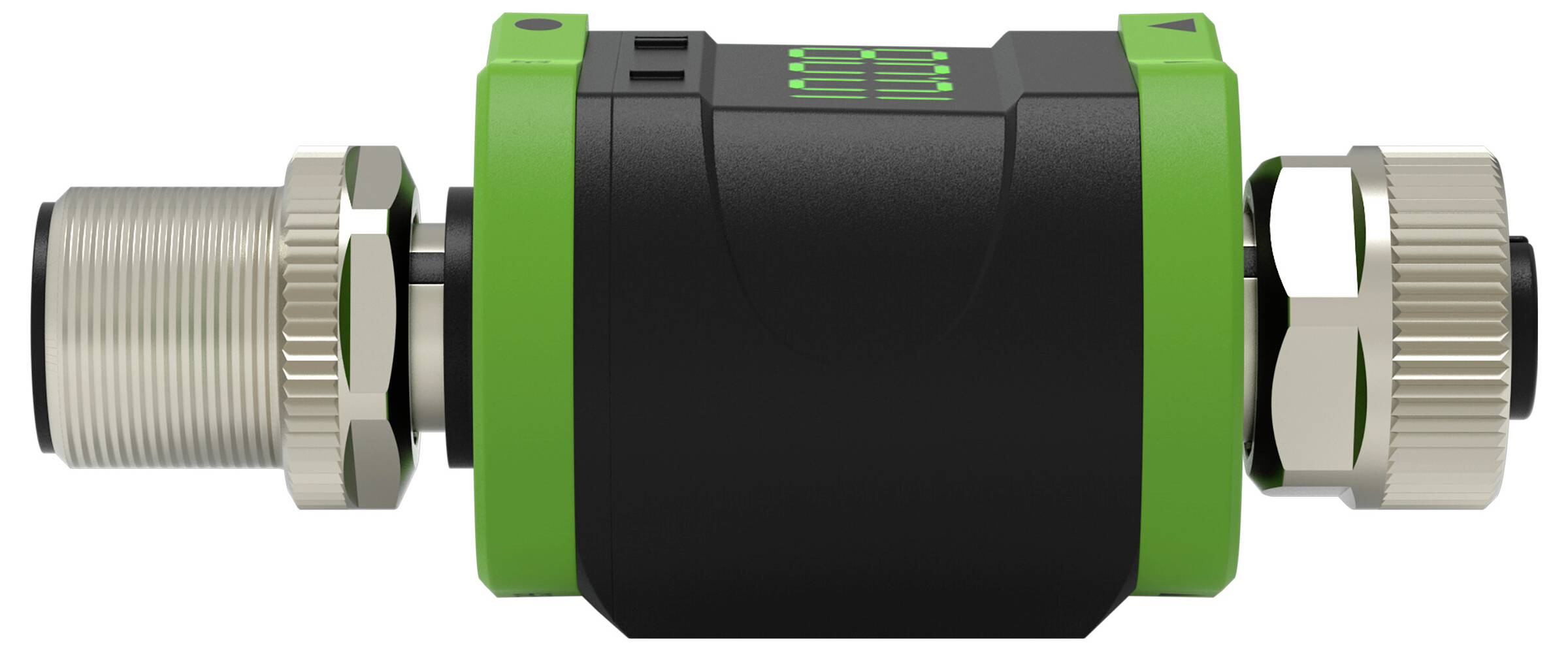 Ein grün-schwarzer Industrie-Sensor-Stecker mit Gewinde-Metallenden, der für sichere und präzise Konnektivität in Maschinenaufbauten verwendet wird.