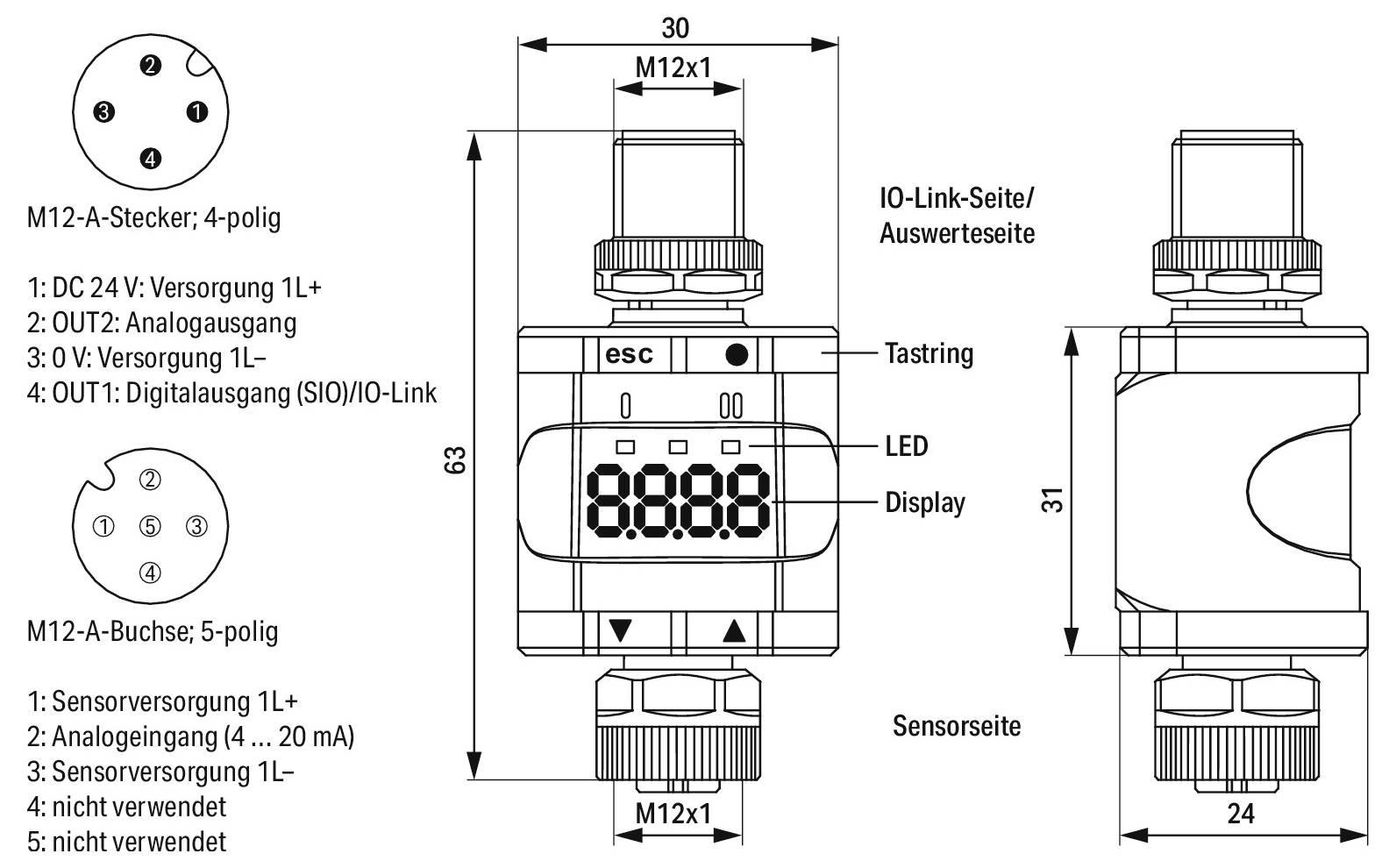Diagramm eines Sensorgeräts mit beschrifteten Anschlüssen und Steckverbindern. Die Funktionen umfassen M12-Steckverbinder, LED-Anzeige und IO-Link-Schnittstelle.