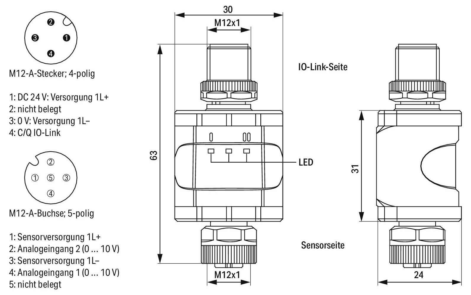 Technisches Diagramm eines Steckers mit Abmessungen: Durchmesser 10 mm, Länge „L