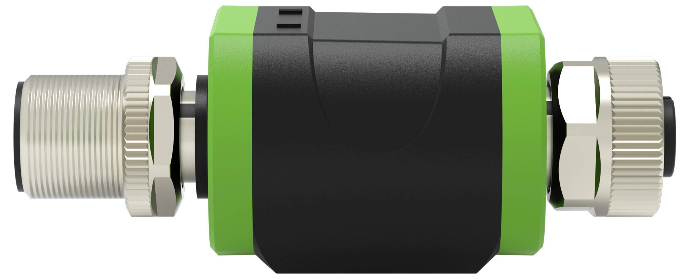 Ein zylindrisches Gerät mit metallischen und grünen Abschnitten, möglicherweise ein Stecker oder Sensor, mit Gewinde an den Enden zur Befestigung.