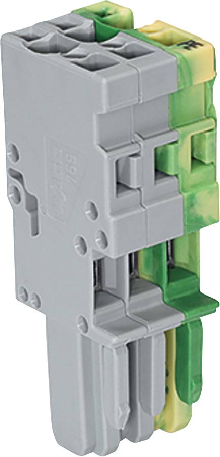 Ein graues Elektroklemmenblatt mit mehreren Anschlussplätzen und grün-gelb farbcodierten Abschnitten, die Erdungs- oder Neutralleiterverbindungen anzeigen.