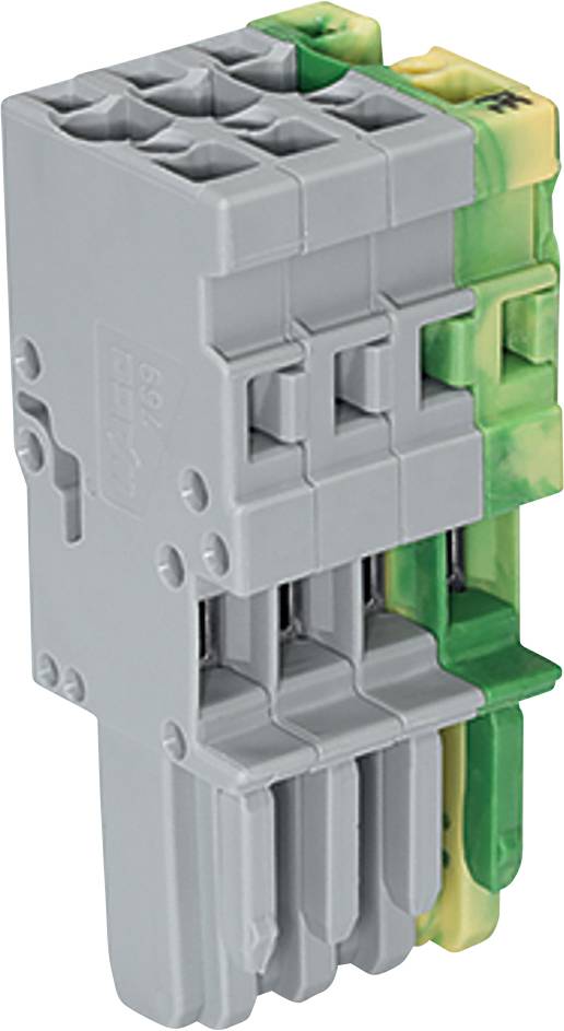 Ein grau-grüner Steckverbinder mit mehreren Schlitzen zum Anschließen von Drähten, der in industriellen und elektronischen Anwendungen verwendet wird.