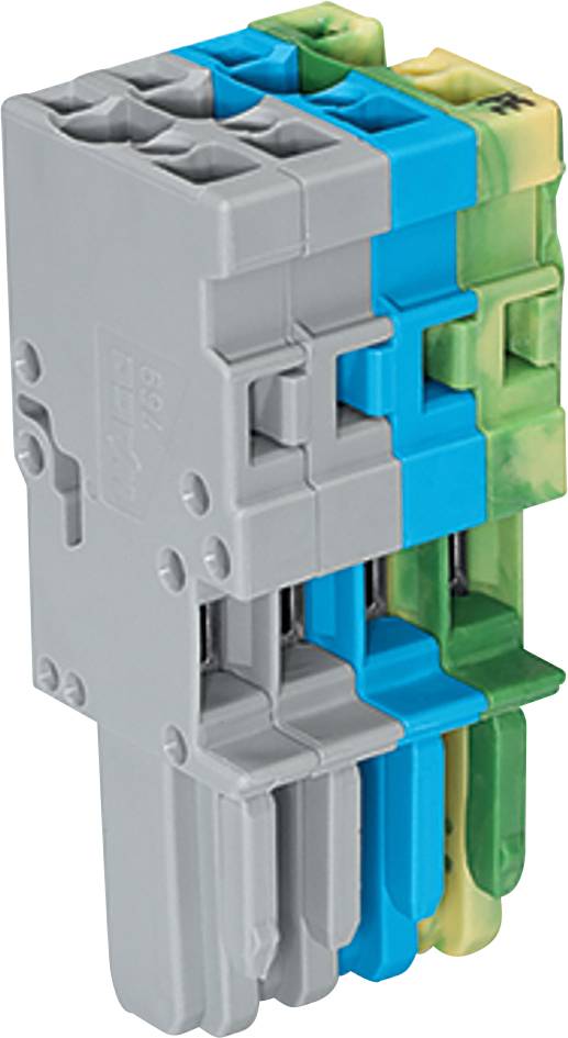 Ein Stapel von ineinandergreifenden elektrischen Klemmleisten in Grau, Blau, Grün und Gelb, wobei Verbindungspunkte und Befestigungselemente sichtbar sind.
