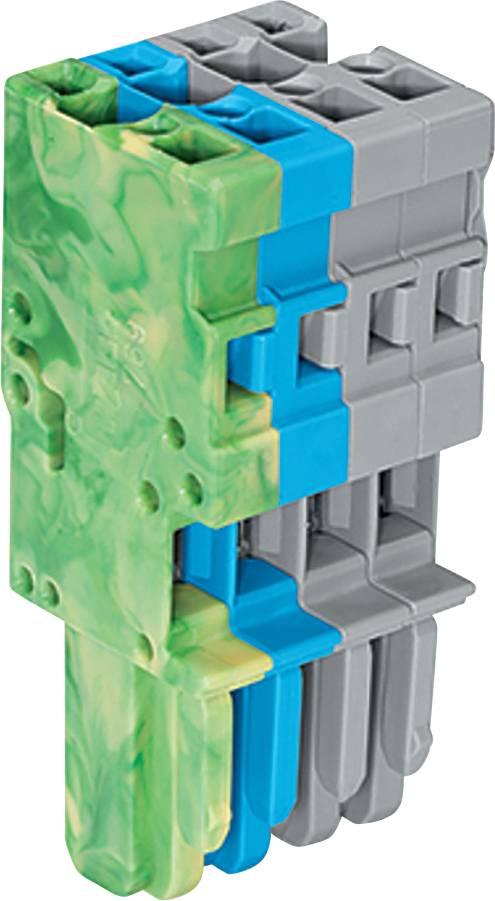 Eine dreidimensionale geometrische Skulptur aus ineinandergreifenden Blöcken in grau, blau und grün mit marmorähnlichen Mustern, die eine vertikale, abstrakte Form bilden.