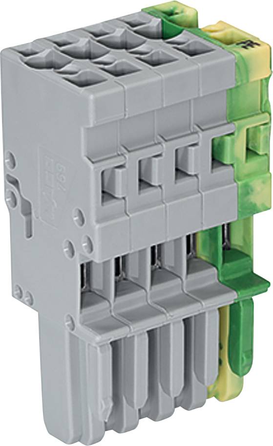 Ein grauer Elektrosteckverbinder mit mehreren Anschlüssen, mit gelben und grünen Komponenten oben, wird zum Verbinden von Schaltkreisen verwendet.
