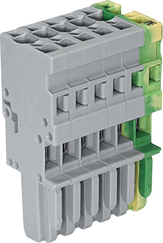Ein graues modulares Klemmenbrett mit mehreren Anschllusspunkten, das in elektrischen Installationen verwendet wird.