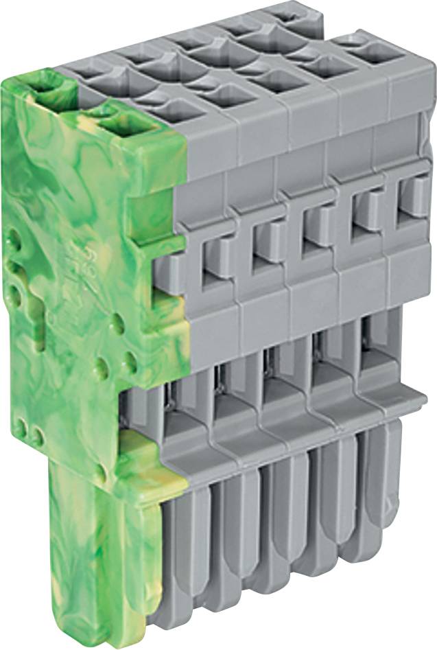 Ein grauer Industrie-Klemmblock mit mehreren Anschllusspunkten, teilweise von einer Wirbelmuster aus grünem und gelbem Kunststoff zur visuellen Hervorhebung oder zum Schutz bedeckt.