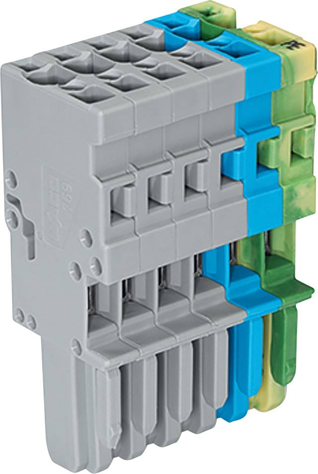 Ein modularer elektrischer Klemmblock mit grau, blau, grün und gelb angeordneten Abschnitten, vertikal ausgerichtet, konzipiert für Drahtverbindungen.