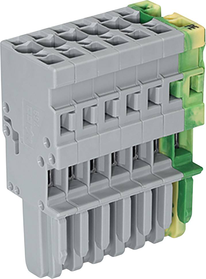 Ein grauer modularer Klemmleistenblock mit mehreren Anschlusspunkten und grün-gelben Erdungsmodulen an der Seite.