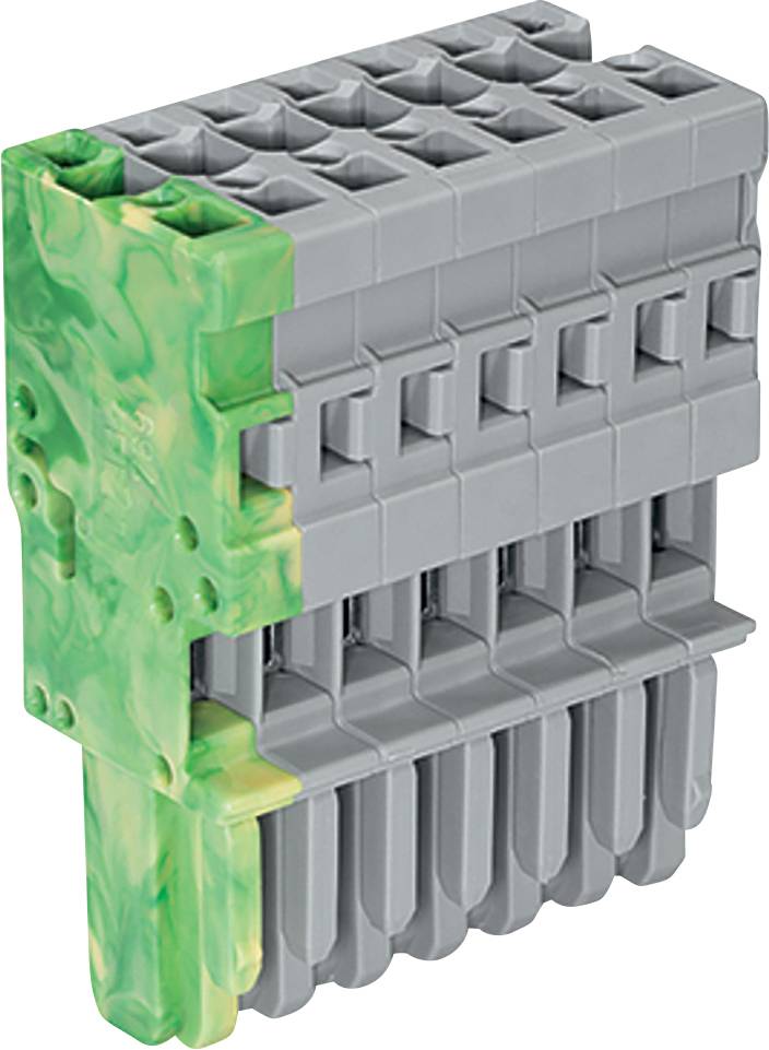 Ein grau-grünes Industrialklemmenblock, verwendet zum Verbinden von elektrischen Schaltkreisen.