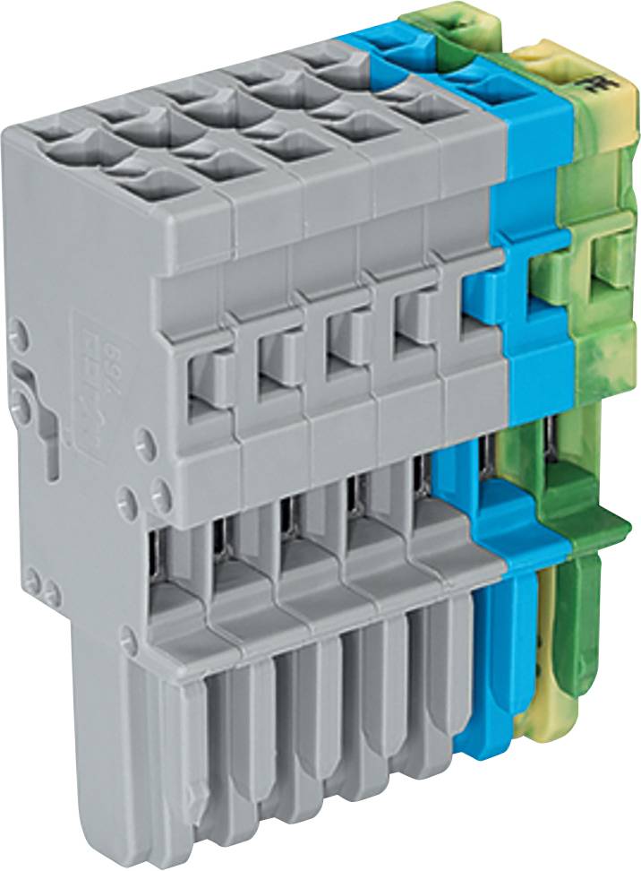 Ein modularer elektrischer Klemmblock mit mehrfarbigen Anschlüssen, der drei graue, einen blauen und einen grün-gelben Bereich aufweist.