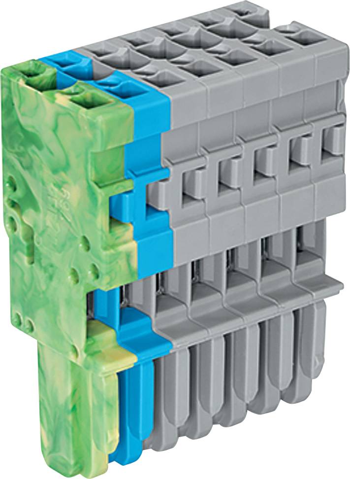 Ein Stapel miteinander verbundener grauer, blauer und grüner Kunststoffblöcke, vertikal angeordnet und ähnelnd einem modularen Konstruktionsspielzeug.