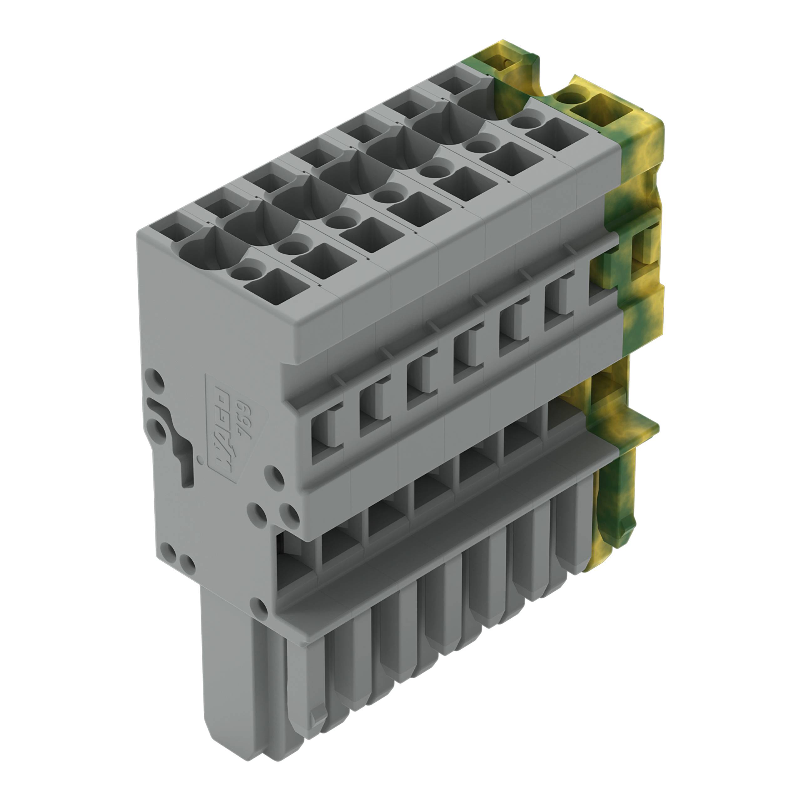 Ein grauer, modularer Klemmblock mit mehreren Anschlußpunkten, der zur Organisierung und zum Verbinden von Stromkreisen verwendet wird.