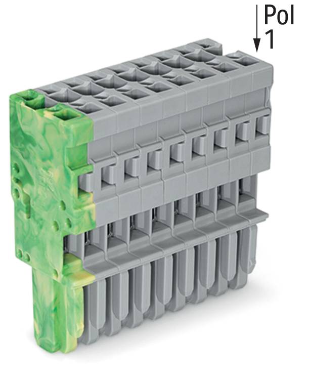 'Eine LEGO-ähnliche Struktur mit grauen rechteckigen Blöcken, die vertikal gestapelt sind, mit einer grünen, marmorgemusterten Ecke auf der linken Seite. Der Text „Pol 1