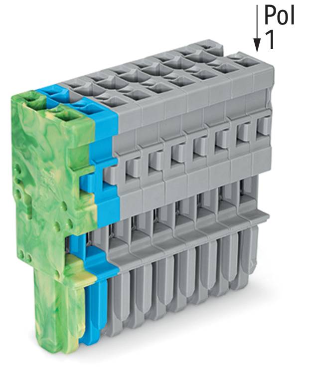 Ein modularer elektrischer Klemmblock mit mehreren verschachtelten Schichten in Grau, Blau und Grün. Ein Pfeil zeigt auf die Position mit der Beschriftung „Pol 1