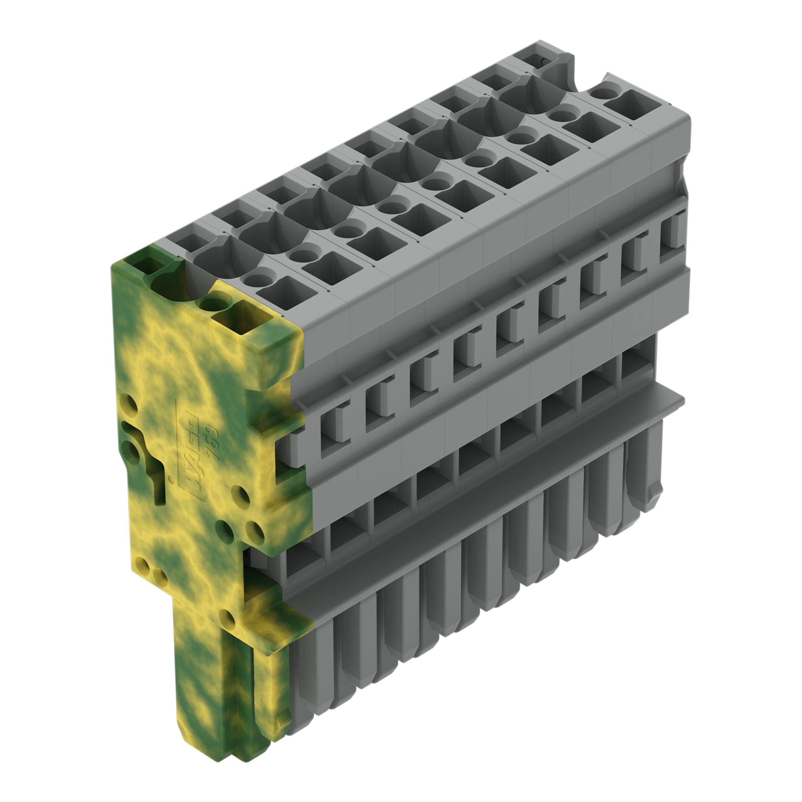 Eine 3D-Darstellung eines rechteckigen, grauen Anschlussblocks mit gelb-grünen Akzenten und mehreren Anschlussöffnungen.