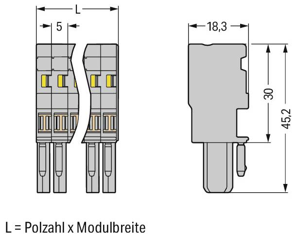 Technische Zeichnung eines elektrischen Steckers mit zwei Ansichten. Enthält gekennzeichnete Abmessungen und eine Formel: 'L1 = L + 2,4 mm, L2 = L + 7 mm, L3 = L + 13,5 mm, L = (Polzahl - 1) x Rastermaß + 6,2 mm'.