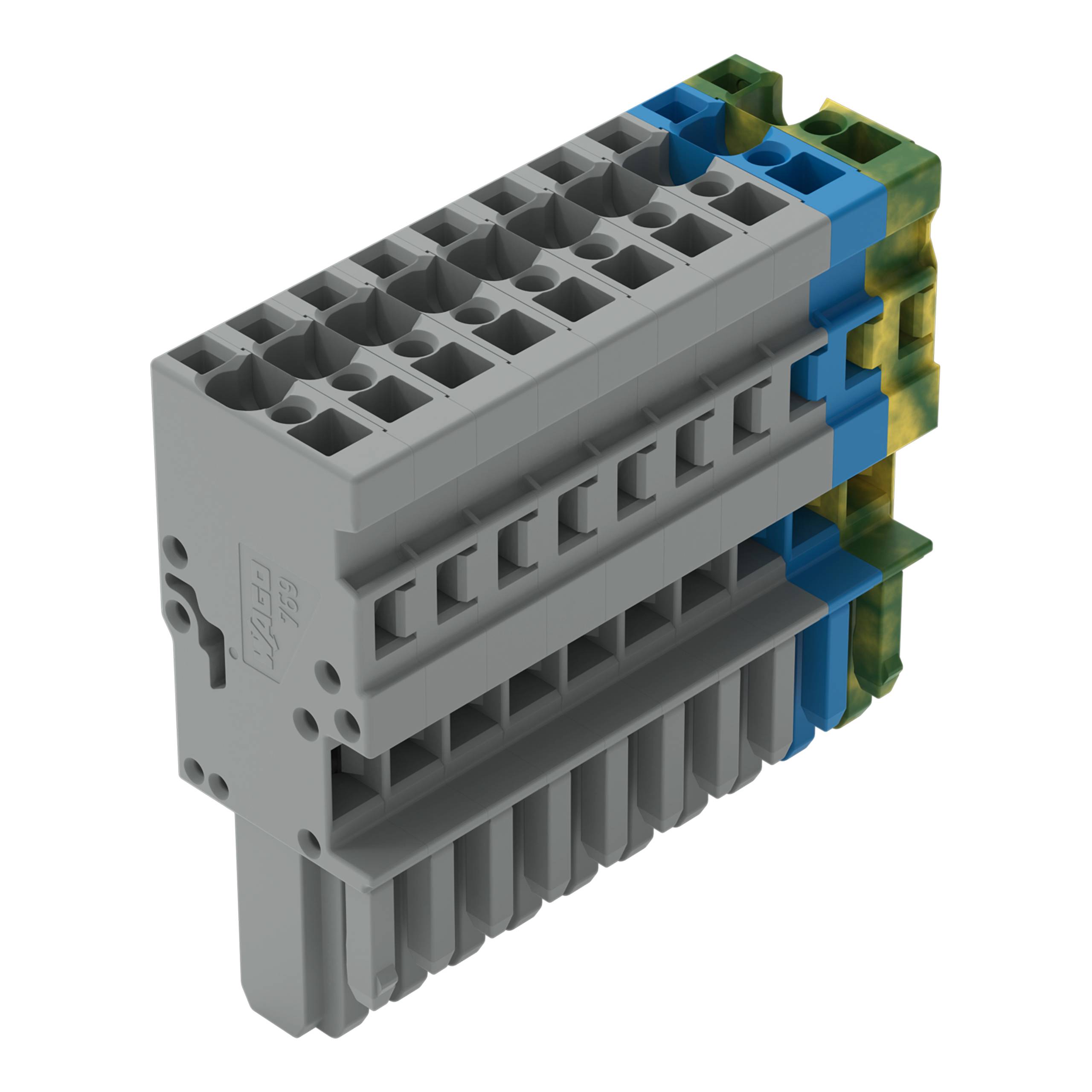 Ein grauer mehrstufiger Klemmblock mit mehreren Anschlussanschlüssen und farbigen Abschnitten zur Verdrahtung in Elektrosystemen.