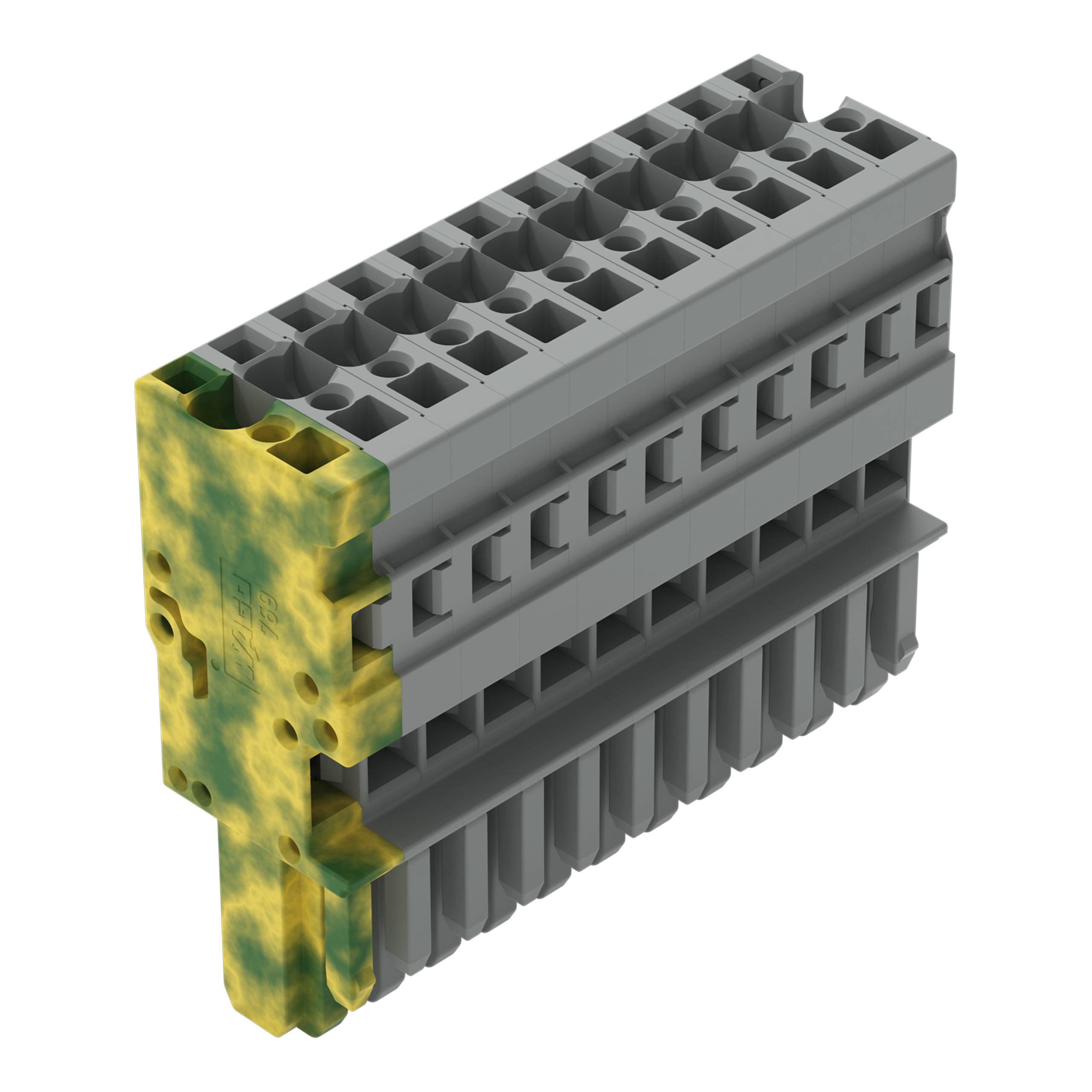Eine detaillierte 3D-Darstellung eines grauen Elektroanschlussklemme mit einer charakteristischen grün-gelben Markierung auf einer Seite, die die Erdung anzeigt.