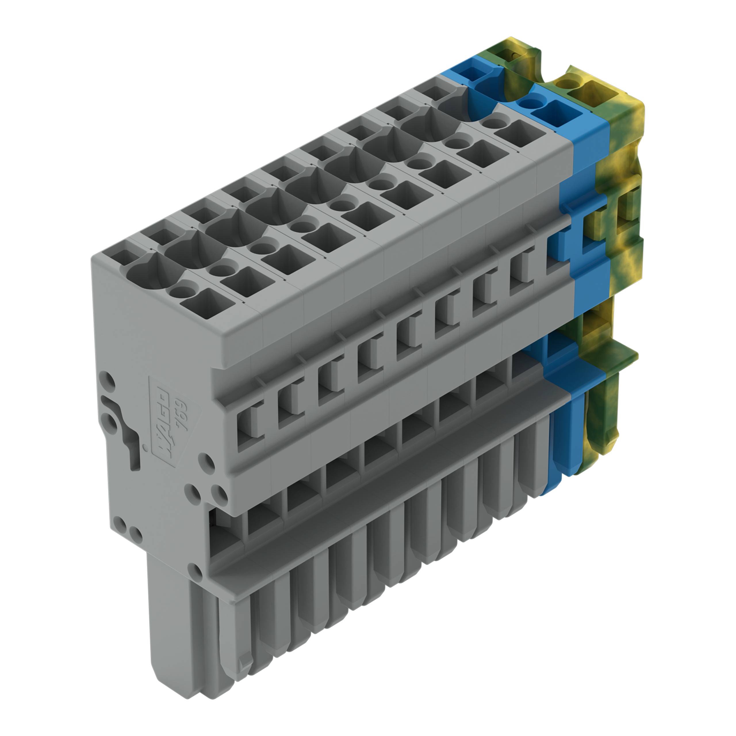 Ein graues, mehrstufiges elektrisches Klemmenblatt mit mehreren Anschlußpunkten, mit deutlichen gelben und blauen Komponenten an der Seite.