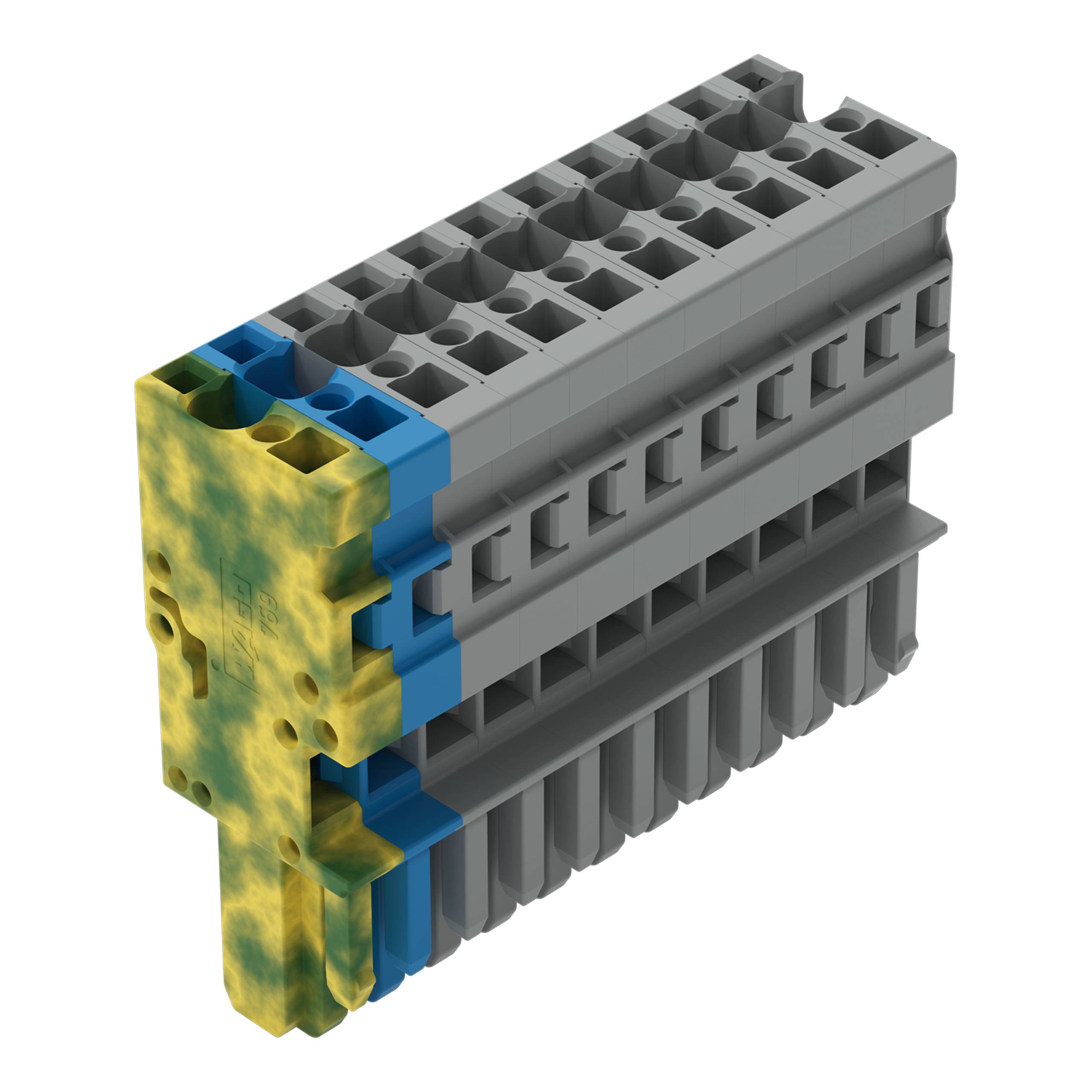 Ein 3D-Modell eines grau-gelben rechteckigen Elektrosteckers mit mehreren Anschlüssen und blauen Markierungen.