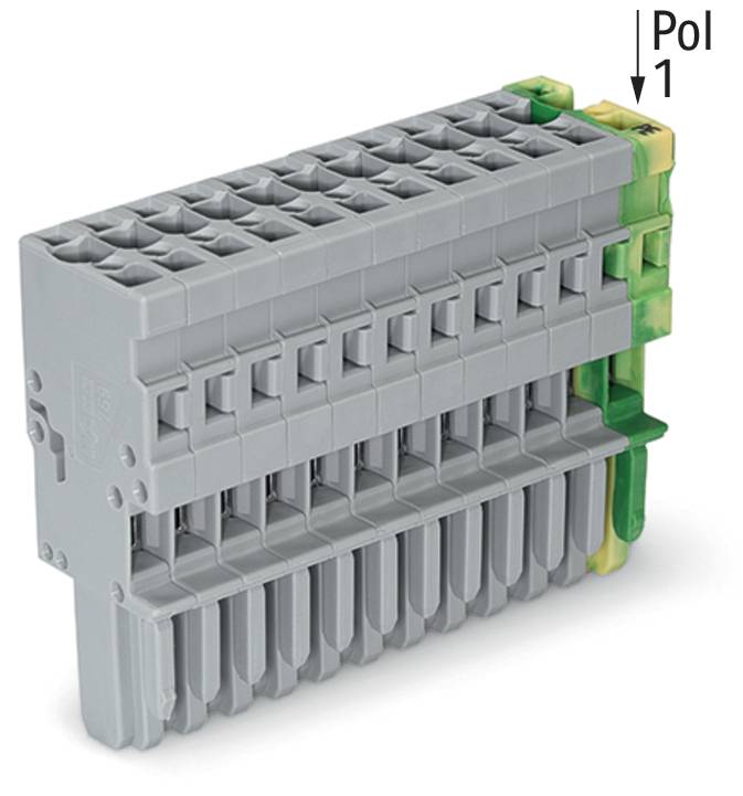 Ein graues Reihenklemmenblock mit grünen und gelben oberen Anschlüssen, gekennzeichnet als Pol 1, wird für Elektroverkabelung und Schaltungsverbindungen verwendet.