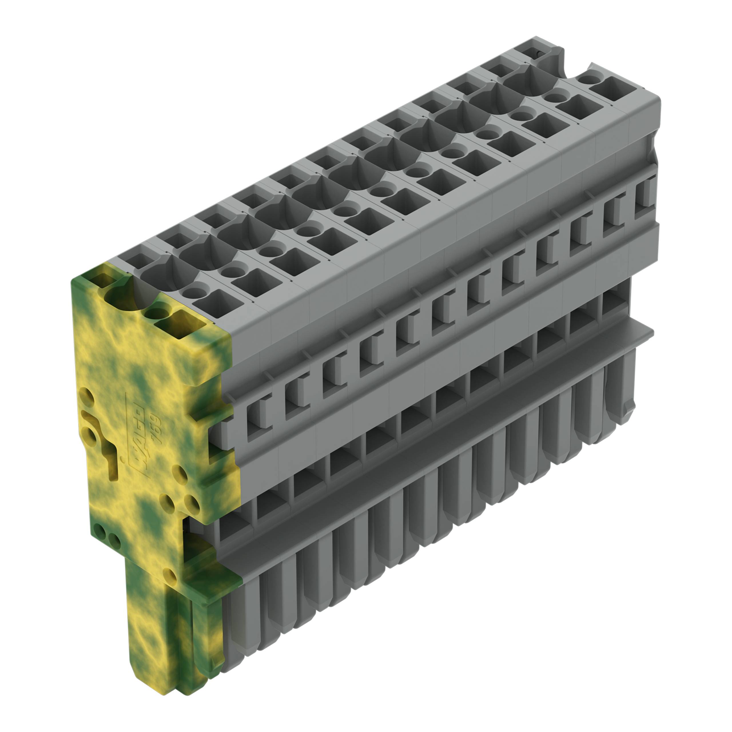Ein grauer modularer Klemmblock mit zwei Reihen und einer grün-gelben Endplatte, der zur Verbindung von Stromkreisen in industriellen Anwendungen verwendet wird.