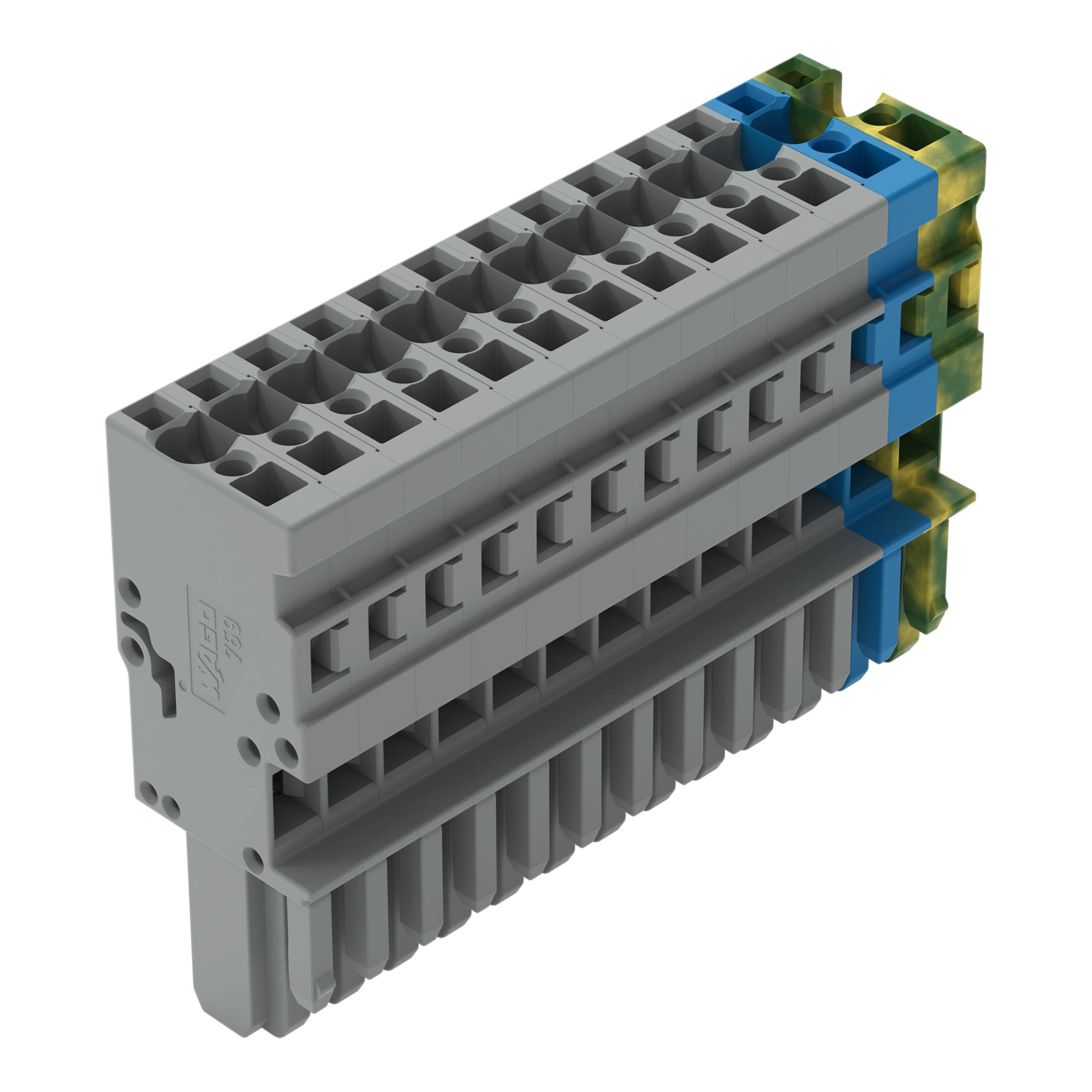 Ein graues modulares Terminalblock mit mehreren Anschlüssen, das farbige Clips an der Seite aufweist und für elektrische Verdrahtungsanwendungen verwendet wird.