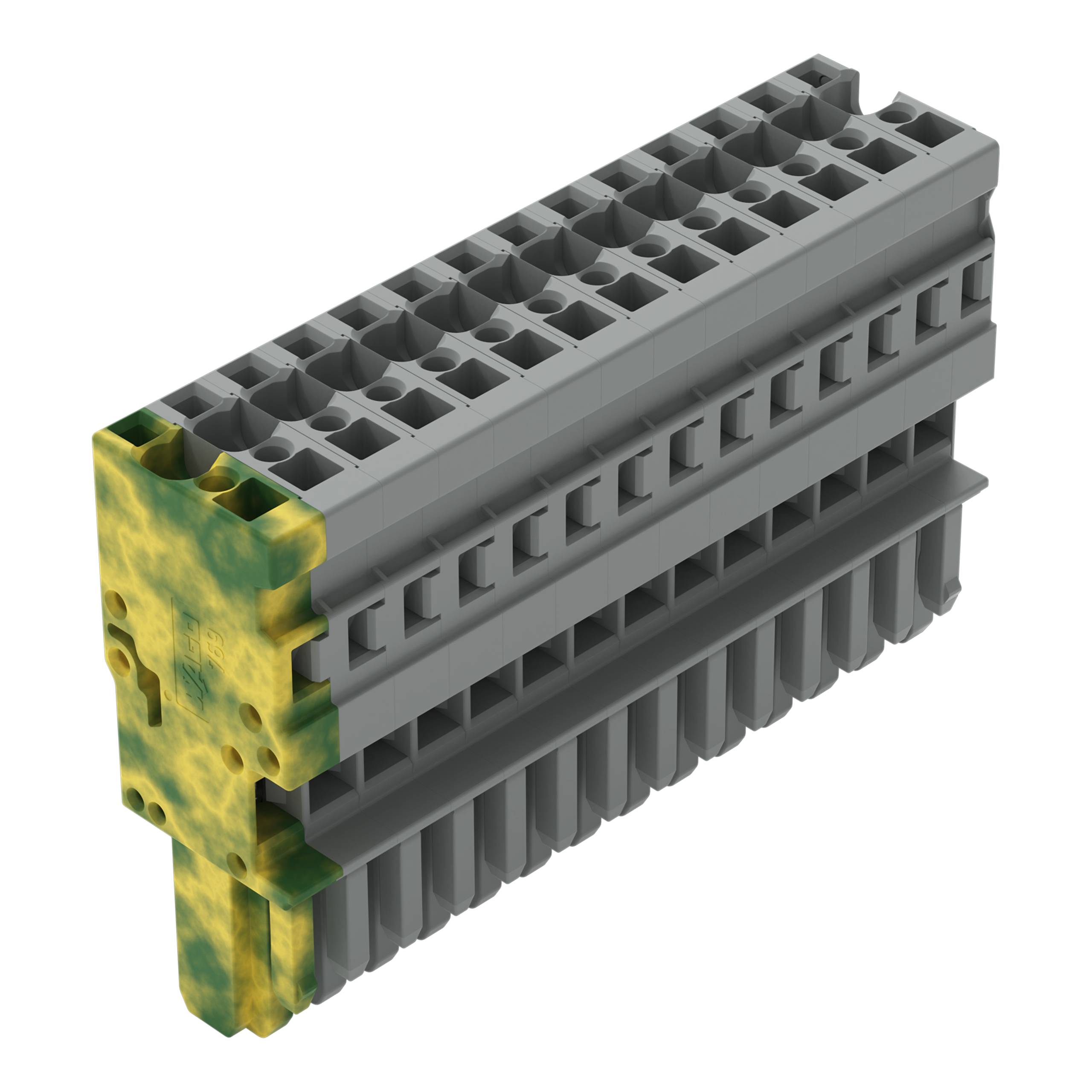 Ein Stapel rechteckiger, grauer Elektrostecker, von der Seite fotografiert, mit gelb-grünen Clips an den Enden zur sicheren Befestigung.