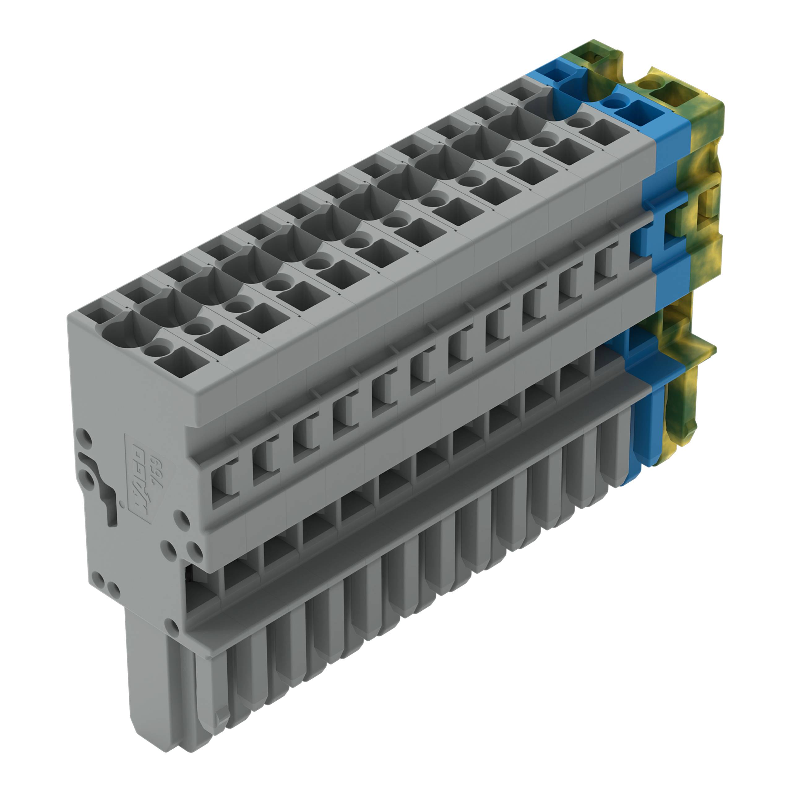 Ein graues elektrisches Klemmleistenblock mit mehreren Anschlußpunkten, das zum sicheren Verbinden von elektrischen Drähten in einer Industrieumgebung verwendet wird.