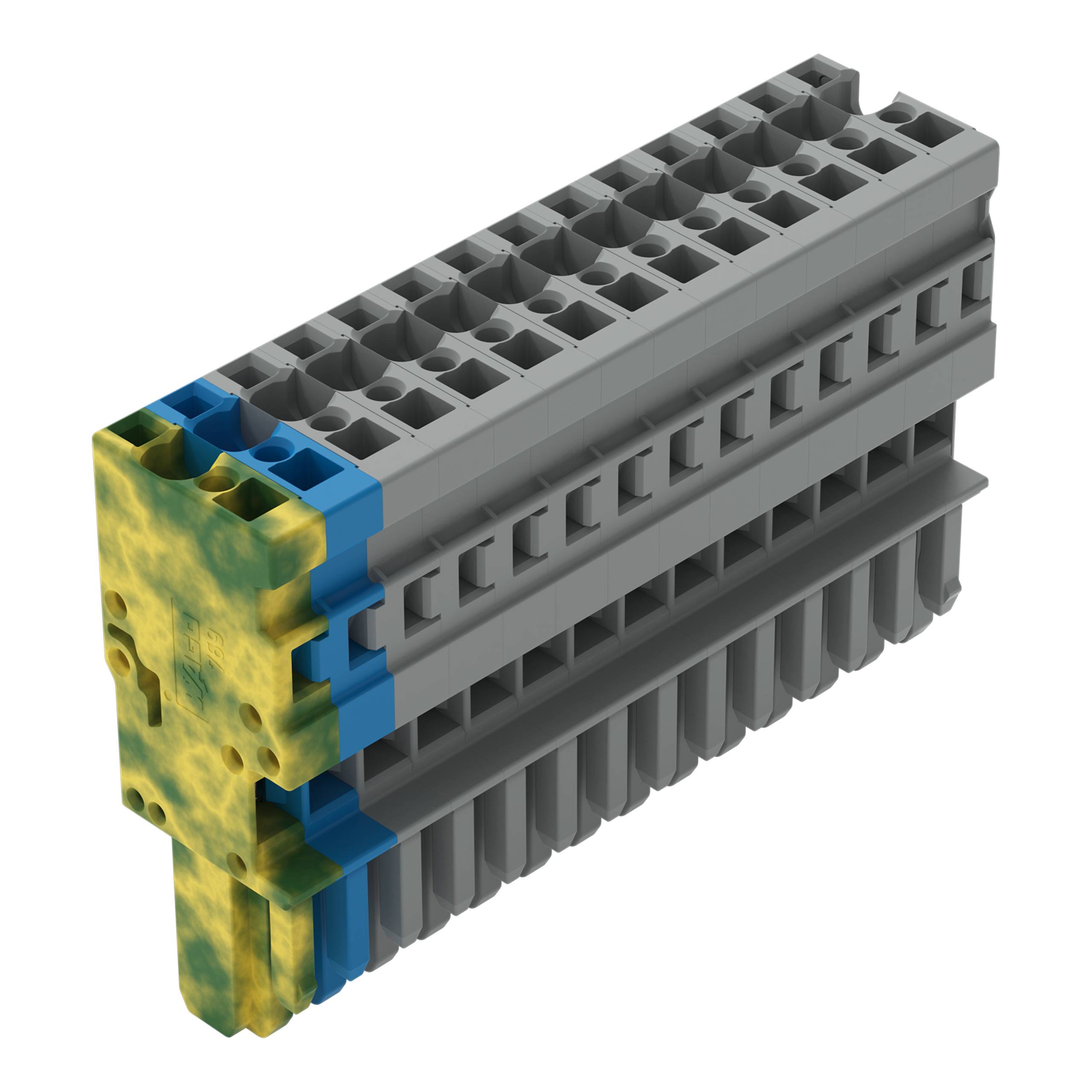 Ein Stapel grauer elektrischer Klemmleisten mit einem gelben und einem blauen Abschnitt am Ende, der zum Organisieren und Verbinden von Drähten verwendet wird.