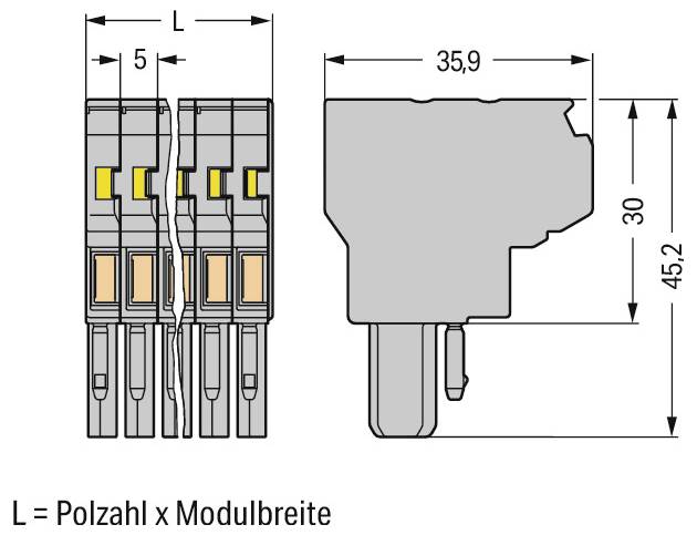 Diagramm eines Steckverbinders mit Abmessungen: 5 Einheiten Breite pro Modul, 35,9 mm Länge, 30 mm Höhe und 45,2 mm Tiefe.