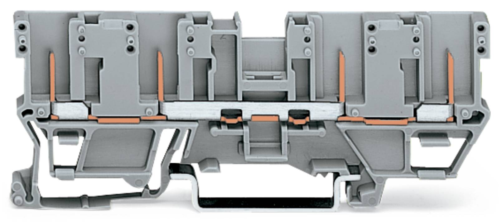 Eine graue Industriekomponente mit orangefarbenen Akzenten, die ein strukturiertes, symmetrisches Design und mehrere Fächer aufweist.