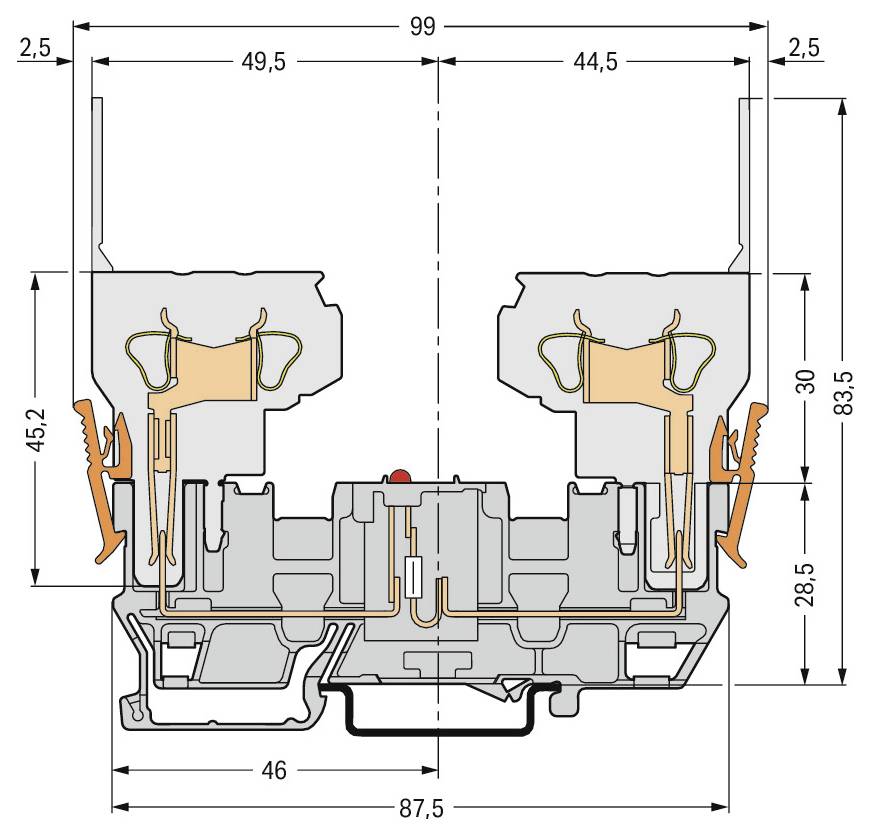 Technisches Diagramm eines Elektrosteckers mit Abmessungen: 1,5 Breite, 2,8 Höhe, 7,5 Abstand zwischen den Stiften; die Seitenansicht zeigt weitere Dimensionen.