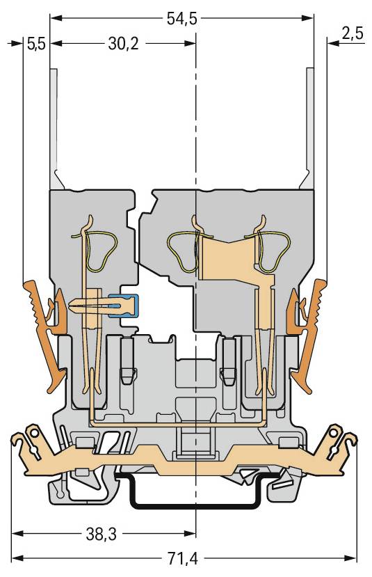 Querschnittsdiagramm eines Fensterrahmens mit angegebenen Abmessungen: 5.5, 30.2, 54.5, 2.5, 38.3 und 71.4 Einheiten; zeigt Dichtungen und Kanäle.
