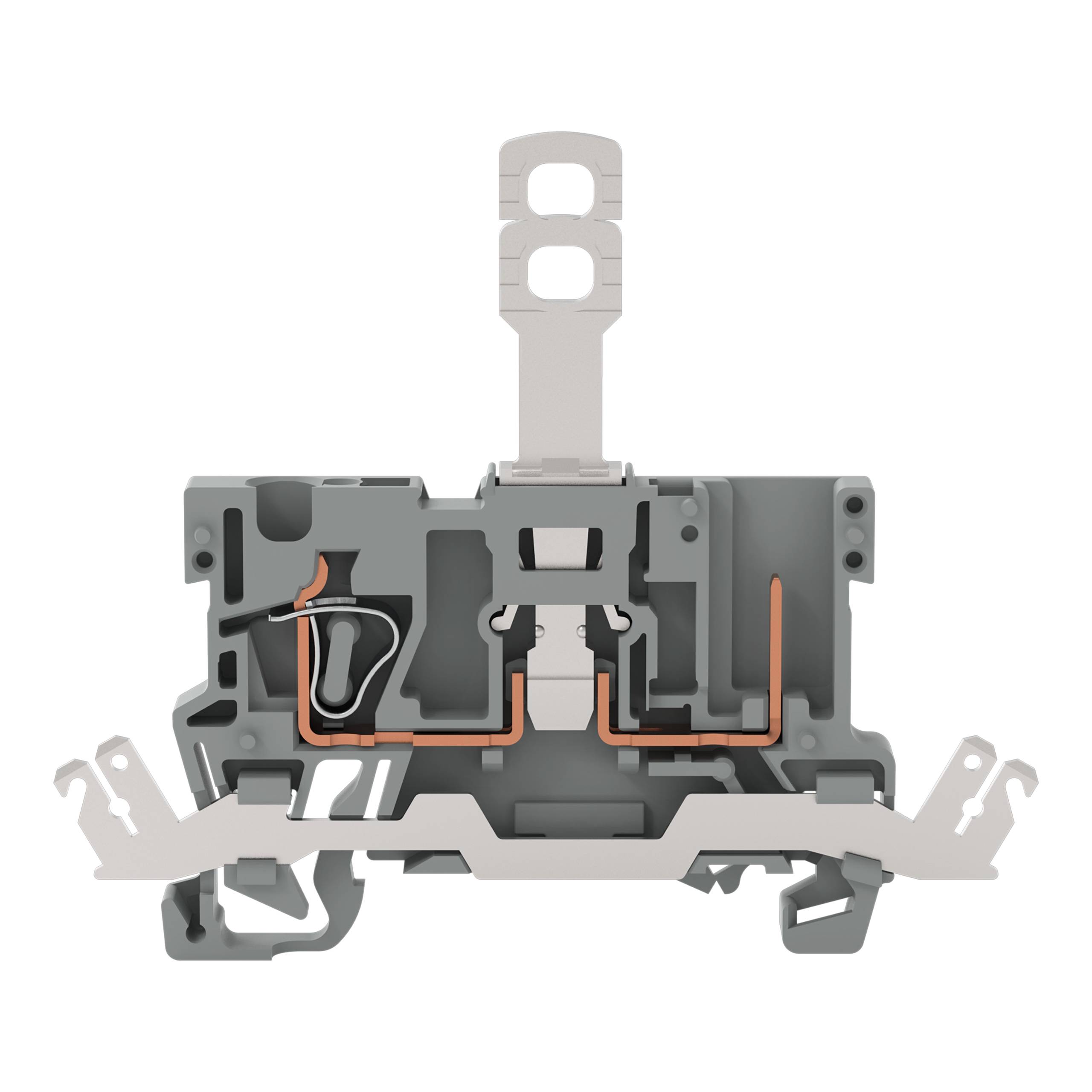 Eine graue, industrielle Komponente mit metallischen Teilen und einem zentralen Mechanismus. Ein Kupferdraht ist sichtbar und deutet auf ihre elektrische Funktion hin.