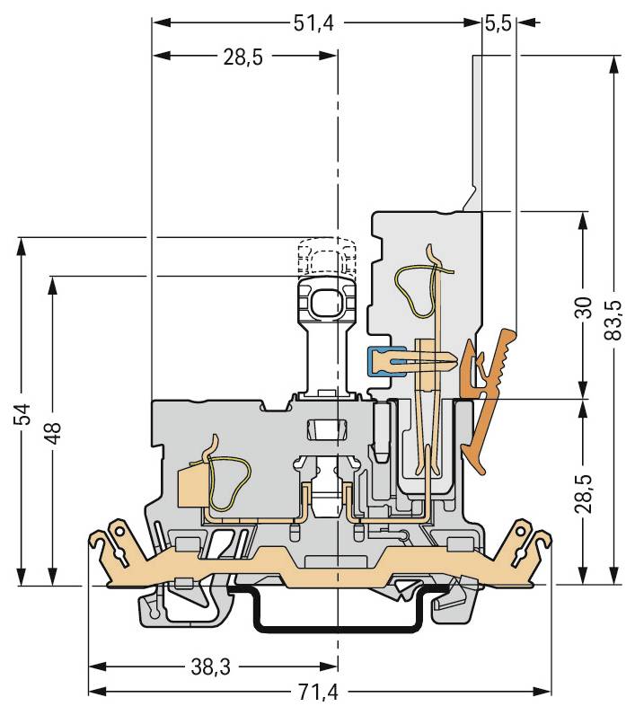 Querschnittsdiagramm eines Fensterrahmens mit genauen Abmessungen in Millimetern, mit Komponenten wie Dichtungen und Verriegelungsmechanismen.
