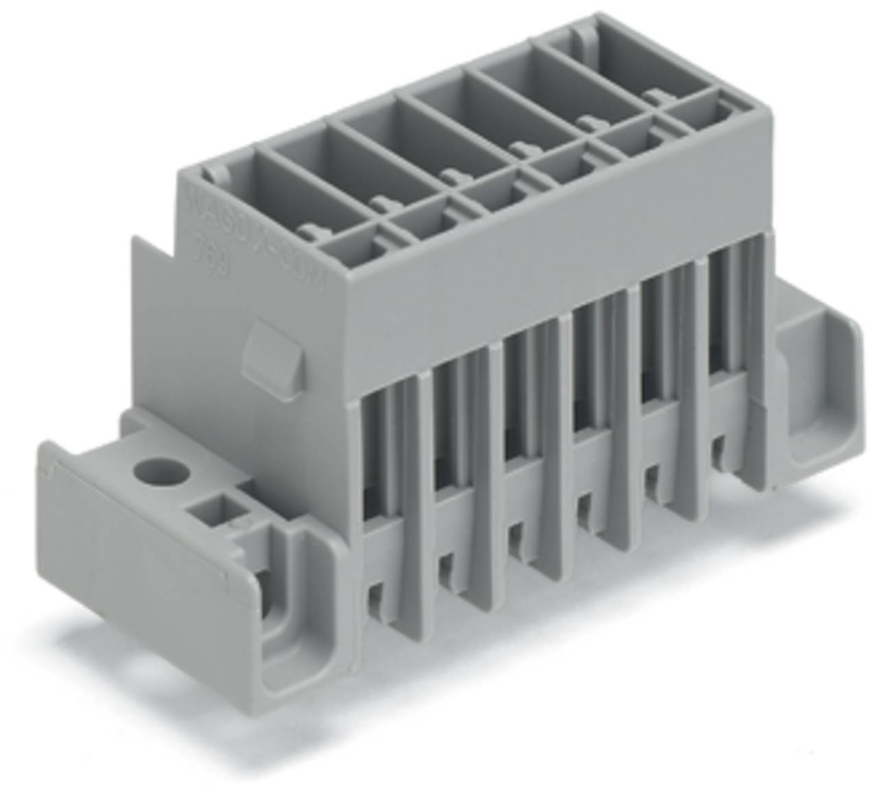 Ein grauer, rechteckiger Kunststoffstecker mit mehreren Schlitzen, der für elektronische oder elektrische Komponenten verwendet wird.