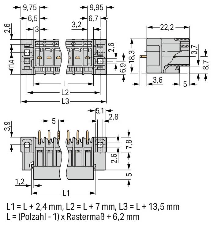 Technische Zeichnung eines elektrischen Steckers mit Abmessungen und Messwerten. Die wichtigsten Abmessungen sind L1, L2 und L3 mit spezifischen Formelnotizen.