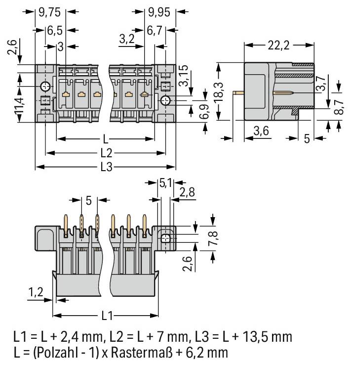 Anschlussdiagramm mit Seitenansicht und Vorderansicht mit Maßangaben. Breite: 18,3mm, Länge: 5mm pro Einheit. L = Polzahl x Modulbreite.