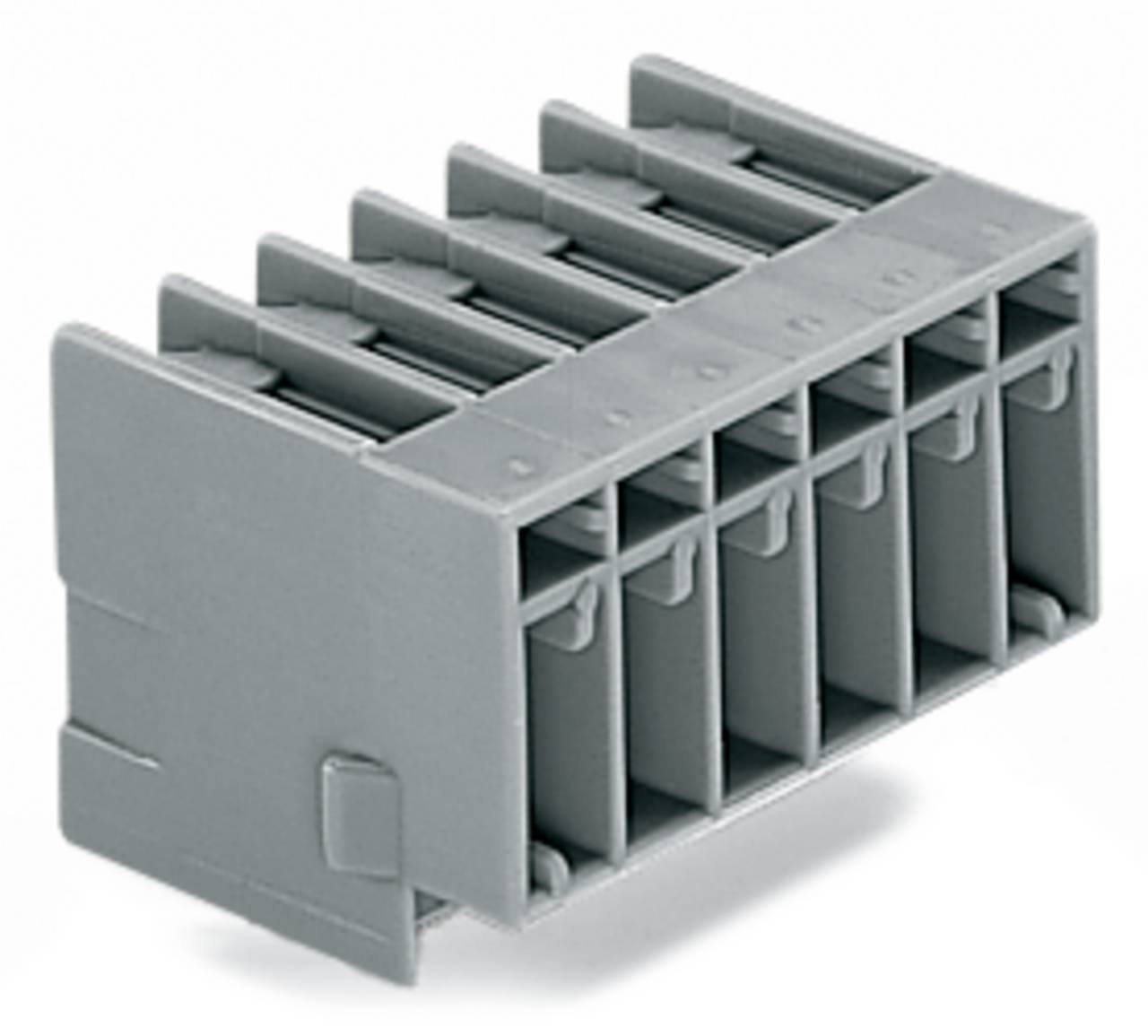 Ein grauer, mehrschlitziger Steckverbinder-Block mit sechs vertikalen Öffnungen, die jeweils mit Stiften ausgekleidet sind und für elektronische oder elektrische Anwendungen verwendet werden.