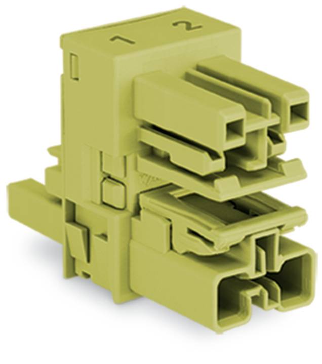 Ein grüner Kunststoff-Elektrostecker mit mehreren Anschlüssen, gekennzeichnet mit '1' und '2', konzipiert für modulare Montage in elektronischen Geräten.