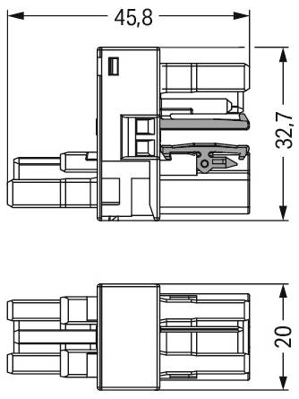 Technisches Schaltplan eines Steckers mit Abmessungen: Länge 45,8 mm, Höhe 32,7 mm, Breite 20 mm. Seiten- und Draufsicht dargestellt.