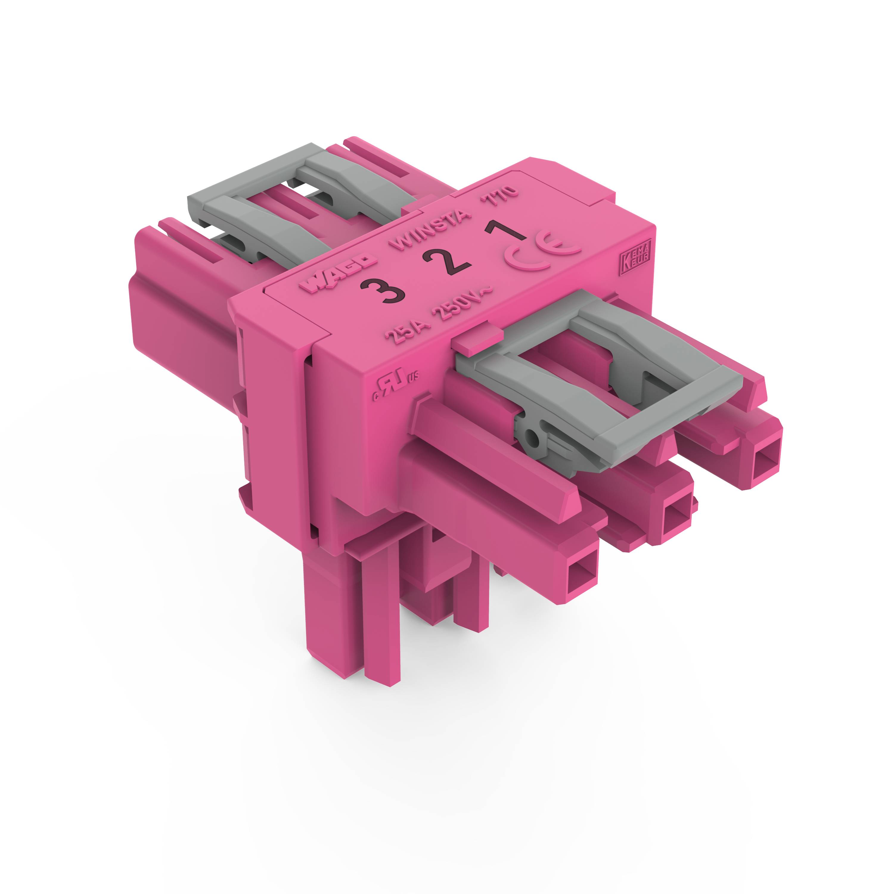 Ein rosa farbenes Elektroklemmenblock mit grauen Hebeln und Beschriftung 