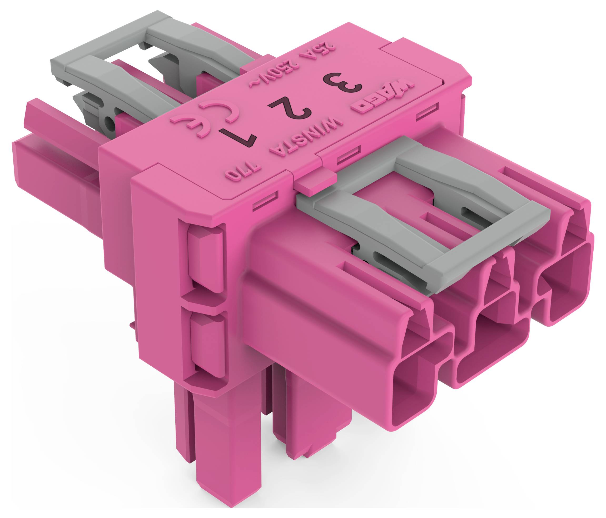 Ein rosa Elektrostecker mit mehreren rechteckigen Buchsen und grauen Verschlussmechanismen, mit geprägtem Text und Zahlen auf der Oberseite.
